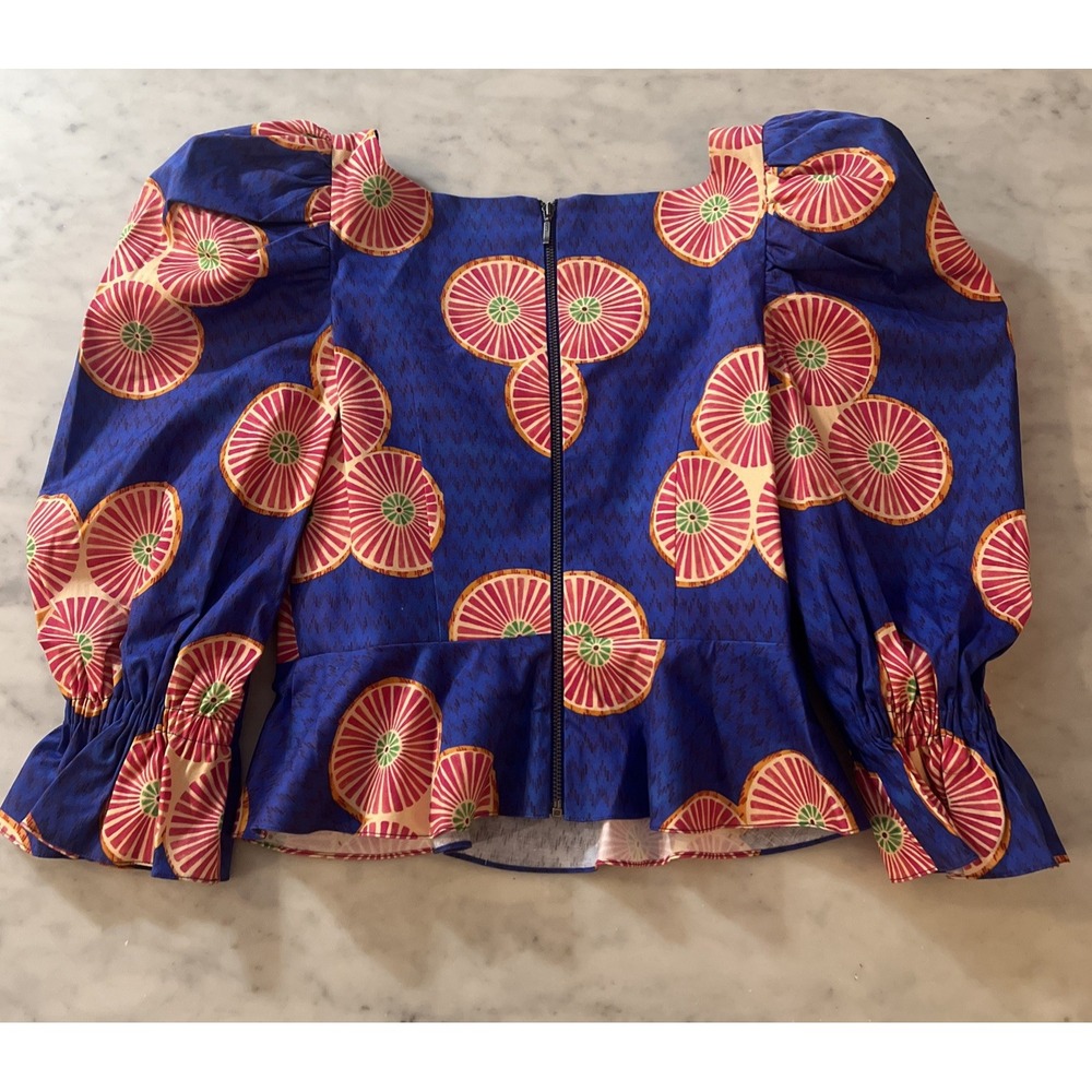 NWT Autumn Adeigbo Mallory Top Size 2 Blue Pink Puff Sleeve Lace Up Peplum - Picture 7 of 13
